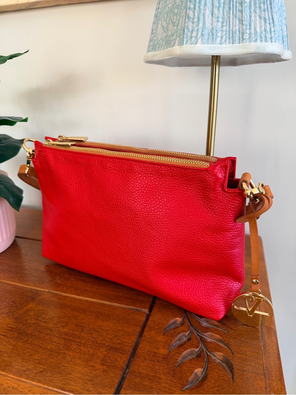 Valentina Red Pebbled Leather Crossbody with Tan Strap